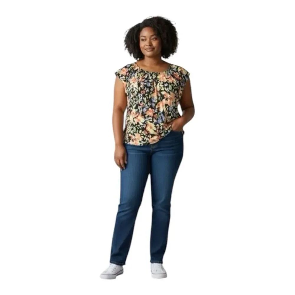 LC Lauren Conrad Black Floral Blouse Plus Size XXL Tie Back Short Sleeve